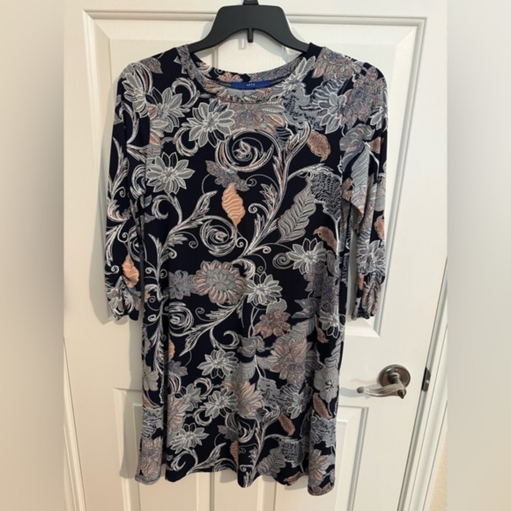 Apt. 9 New Stretch A-Line Navy Blue Peach White Floral Pockets Ruched Sleeves M